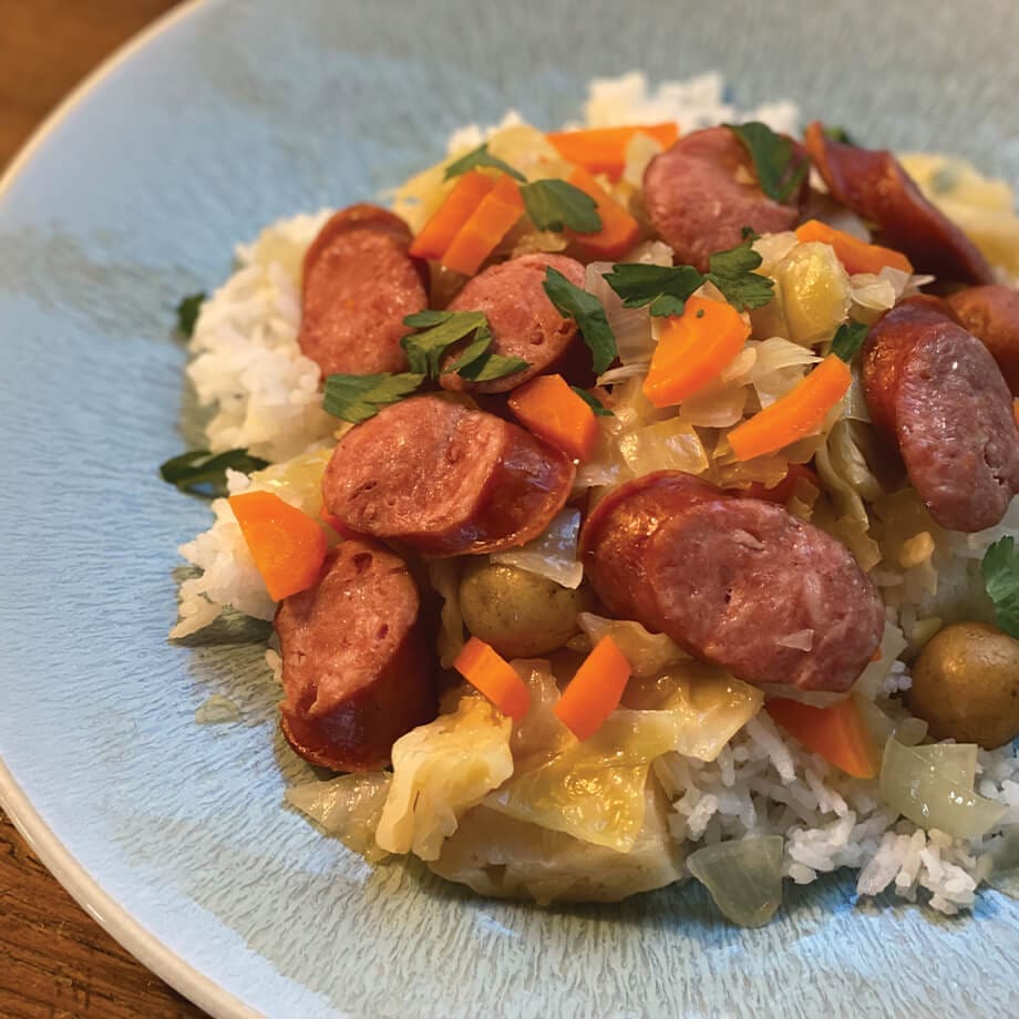 How to Cook Polish Kielbasa 1 kielbasa slices with cabbage and rice